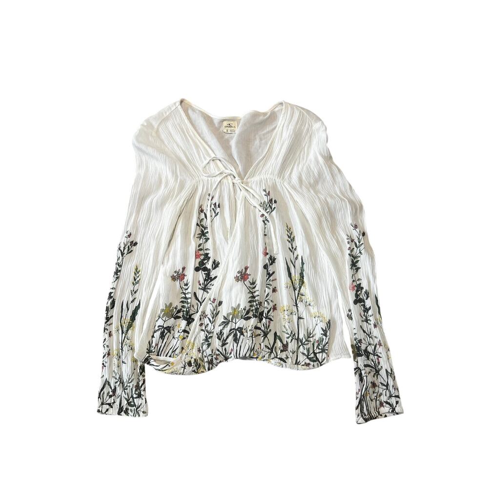 O'Neill Floral Gauze Surplice Blouse Small White Cottagecore Long Sleeve | S